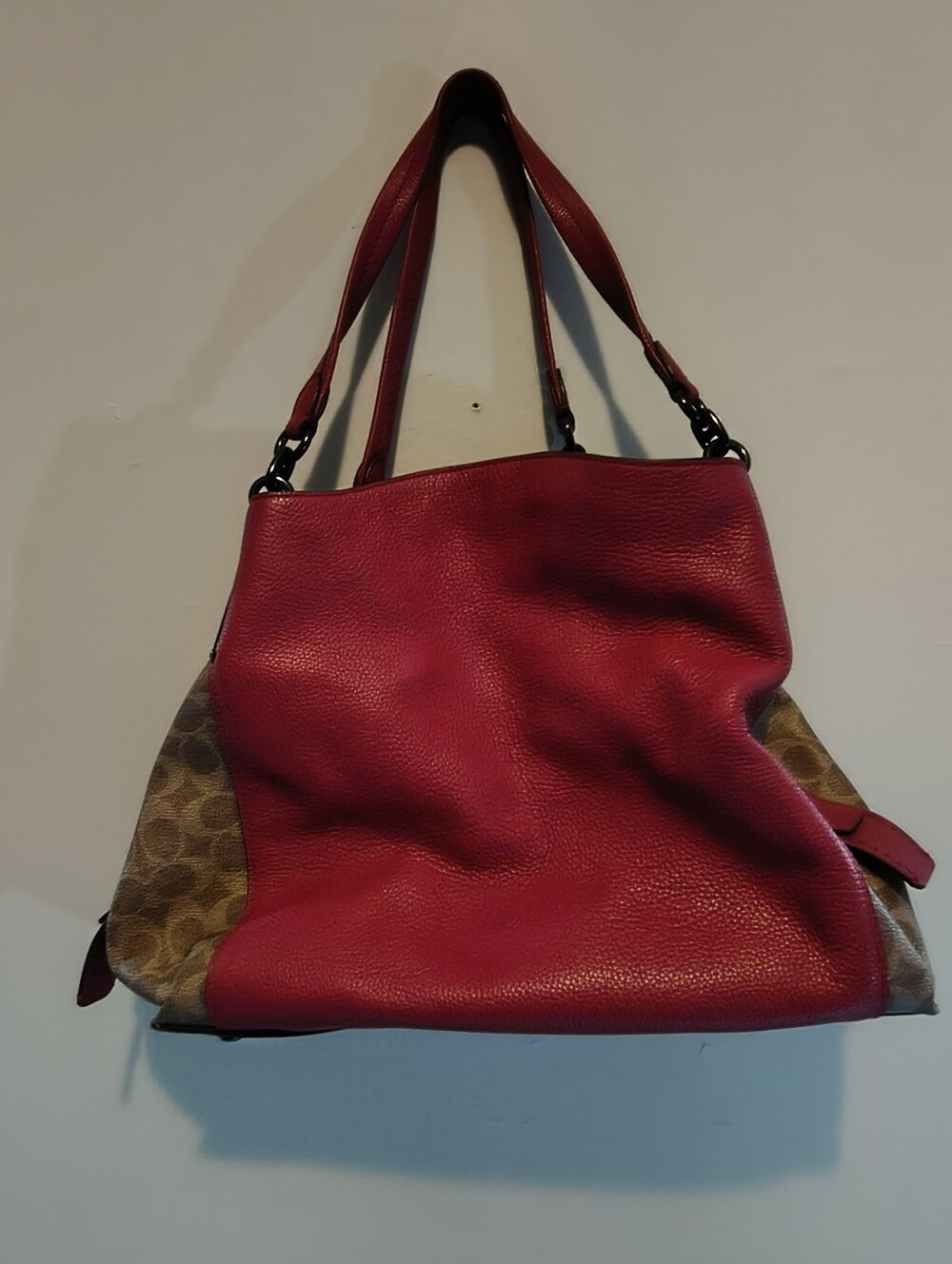 Coach Red Leather & Signature Canvas Shoulder Bag